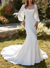 Square Neckline Long Sleeve Trumpet/Mermaid Wedding Dress with Sweep Train