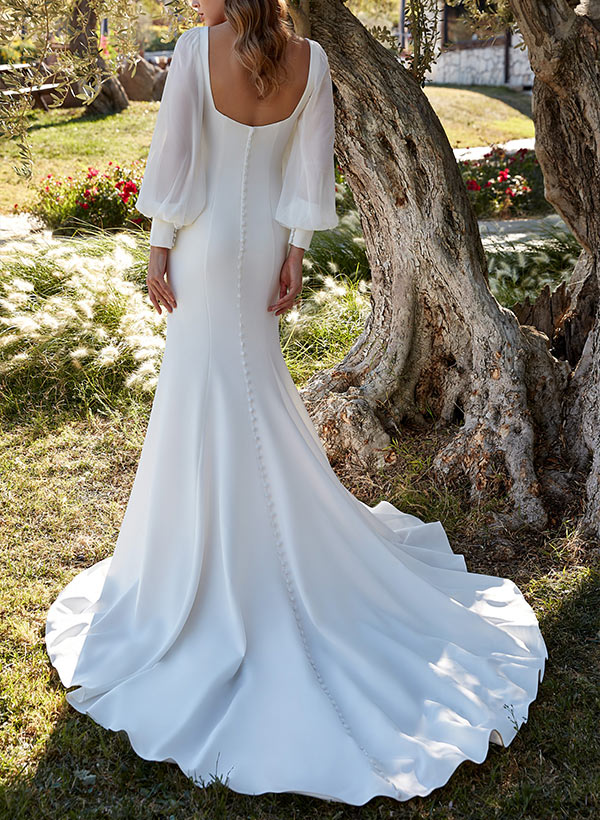 Square Neckline Long Sleeve Trumpet/Mermaid Wedding Dress with Sweep Train