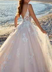 A-Line V-Neck Sweep Train Tulle Bridal Gown