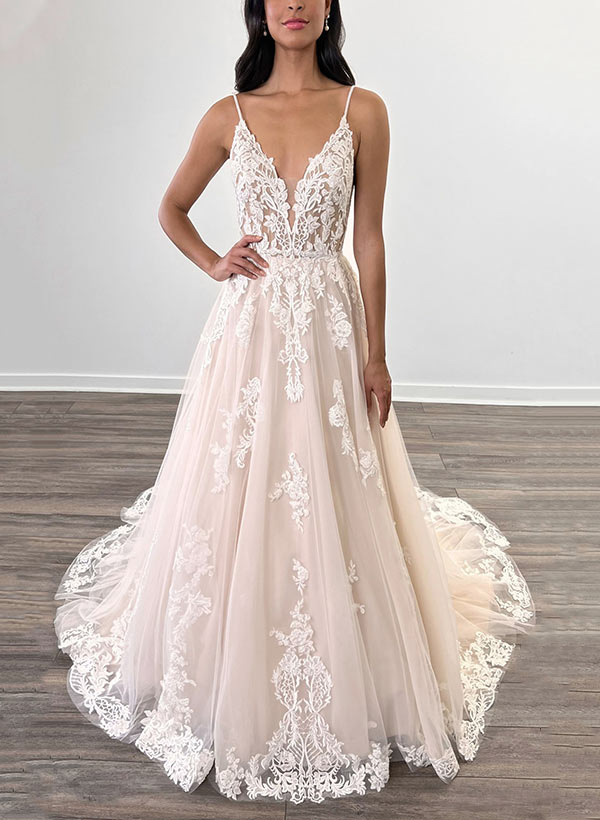 A-Line V-Neck Sweep Train Tulle Bridal Gown