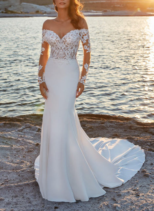 Off-the-Shoulder Sweep Train Wedding Dress With Lace - Trumpet/Mermaid