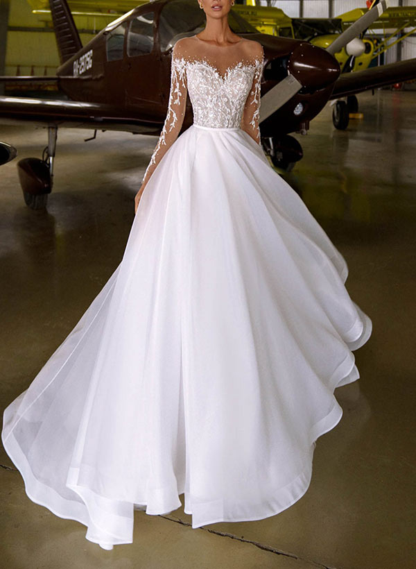 Illusion Neck A-Line Wedding Dress With Beading Appliques Lace and Sweep Train