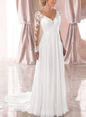 A-Line V-Neck Long Sleeves Chiffon Court Train Wedding Dress With Lace: