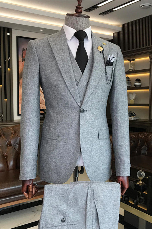 Ashbur Gray Three-Piece Peaked Lapel Business Suit