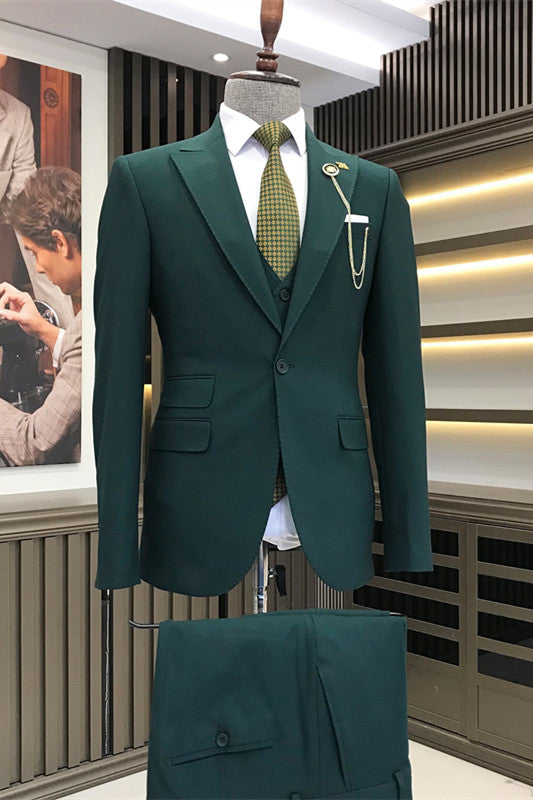 Asa Dark Green Three-Piece Peaked Lapel Business Suit