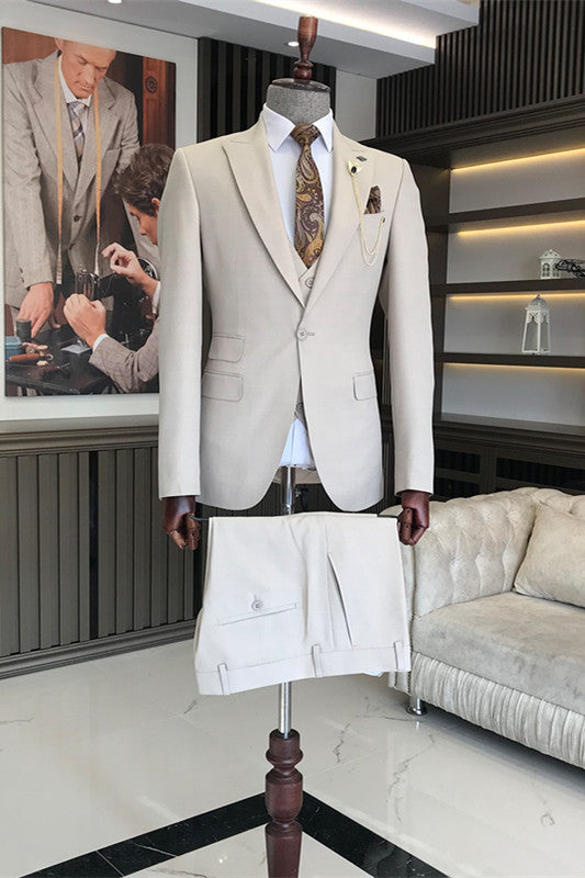 Alvis Newest Beige 3-Piece One Button Prom Suit for Men