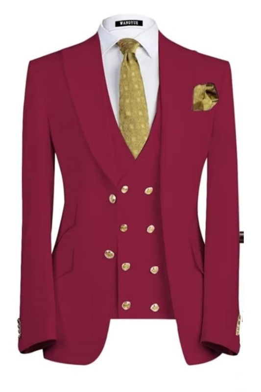 Broderick Burgundy Three-Piece Peaked Lapel Prom Suit