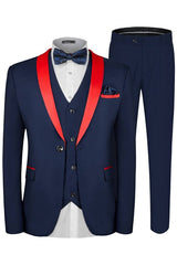 Bradley Fancy Navy Blue 3-Piece Wedding Suit with Red Shawl Lapel