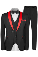 Borg Black Three-Piece Wedding Suit with Red Shawl Lapel