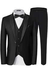 Booth Formal Black 3-Piece Peaked Lapel Business Suit for Men