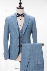 Blue Linen Notched Lapel Three-Piece Prom Suit - New Arrival