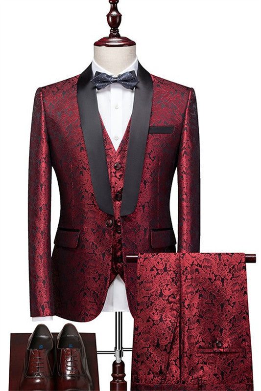 Hot Red Jacquard Three-Piece Shawl Lapel Wedding Suit