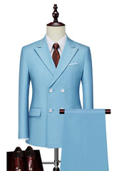 Classical Sky Blue 2-Piece Peaked Lapel Double Breasted Prom Suit for Men