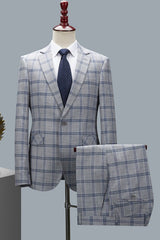 Fancy Gray Plaid 2-Piece Notched Lapel Business Suit for Men