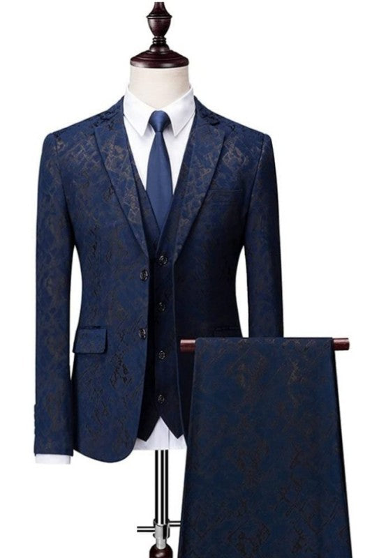 Alger Dark Blue Jacquard Three-Piece Notched Lapel Prom Suit