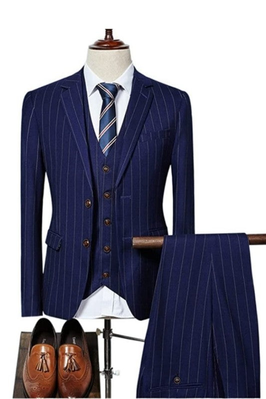 Avery Bespoke Navy Blue Striped 3-Piece Business Men's Suit