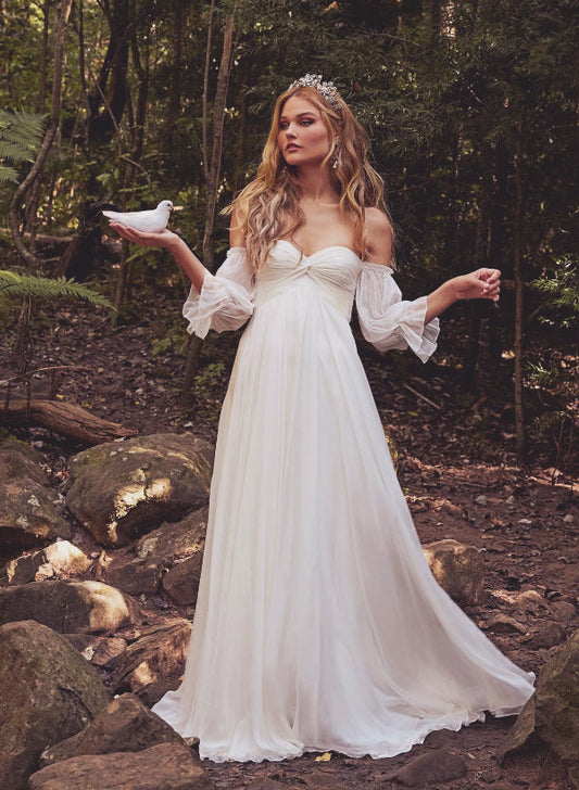 Boho Wedding Dresses: Off-the-Shoulder Long Sleeves with Chiffon Sweep Train