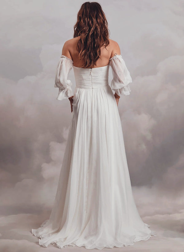 Boho Wedding Dresses: Off-the-Shoulder Long Sleeves with Chiffon Sweep Train