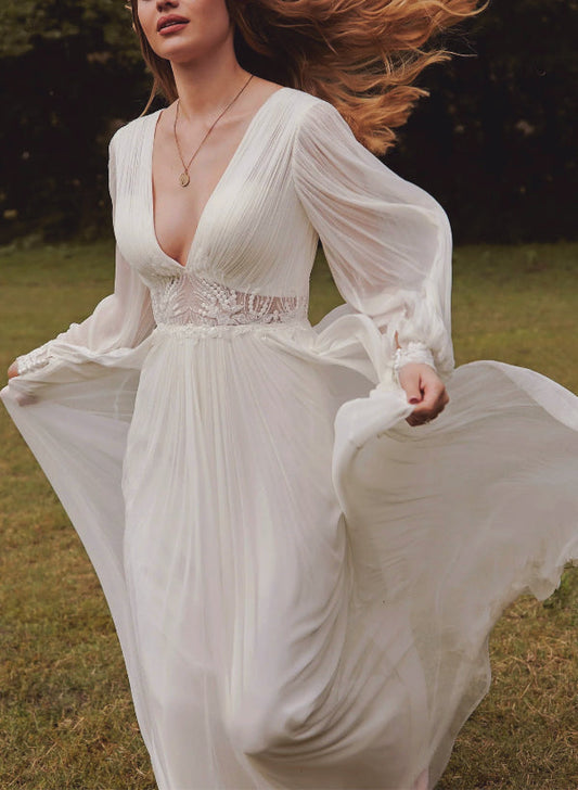 Boho Lace Wedding Dress with V-Neck and Long Sleeves