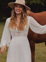 Boho Lace Wedding Dress with V-Neck and Long Sleeves