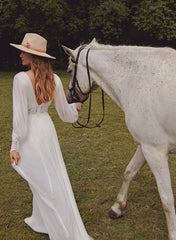 Boho Lace Wedding Dress with V-Neck and Long Sleeves