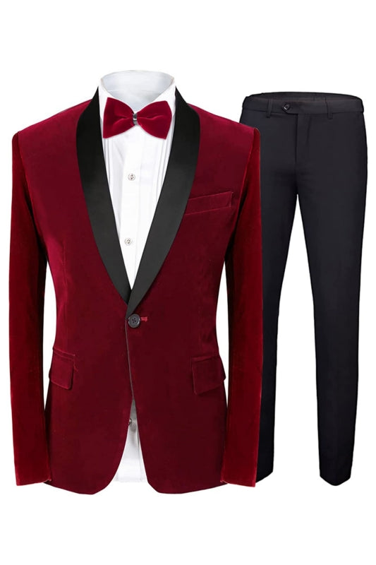 Baron Fashion Red Shawl Lapel Slim Fit Velvet Wedding Suit for Men