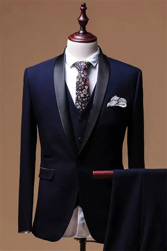 Chasel Fancy Navy Blue Shawl Lapel 3-Piece Men's Wedding Suit