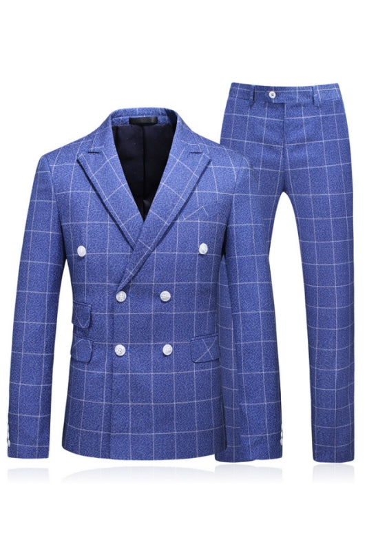 Blue Plaid Two-Piece Peaked Lapel Business Suit