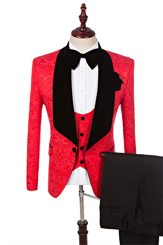 Douglas Light Red Three-Piece Jacquard Wedding Suit