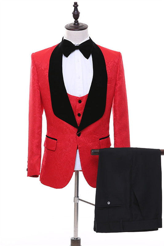 Dave Red Three-Piece Jacquard Shawl Lapel Wedding Suit