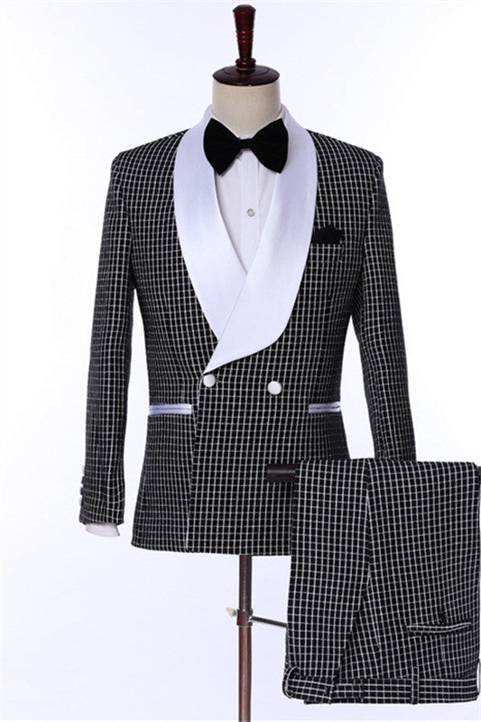 Daniel Chic Black Shawl Lapel Double Breasted Plaid Wedding Suit