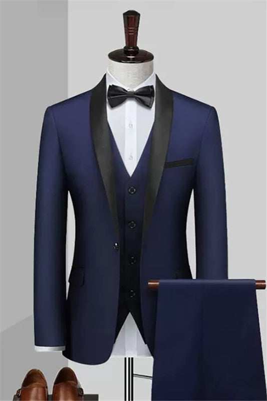 Conrad Chic Deep Blue 3-Piece Shawl Lapel Wedding Suit for Men