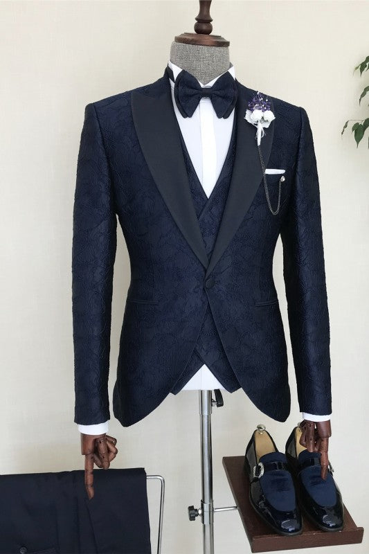 Clark Navy Blue Jacquard Three-Piece Peaked Lapel Prom Suit