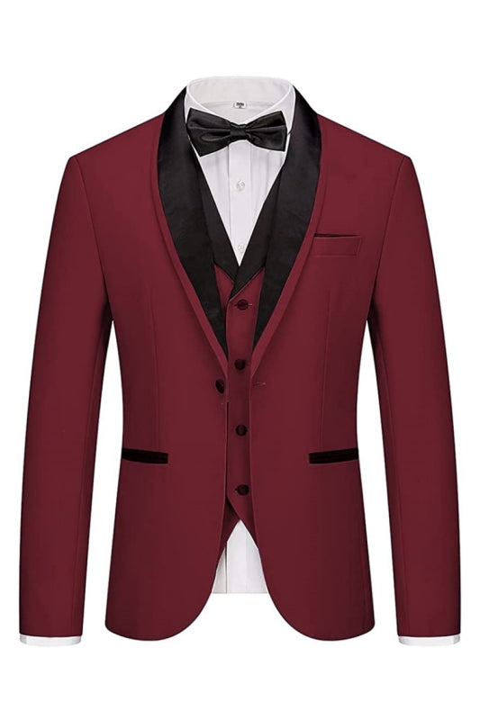 Giies Burgundy Shawl Lapel Three-Piece Wedding Suit