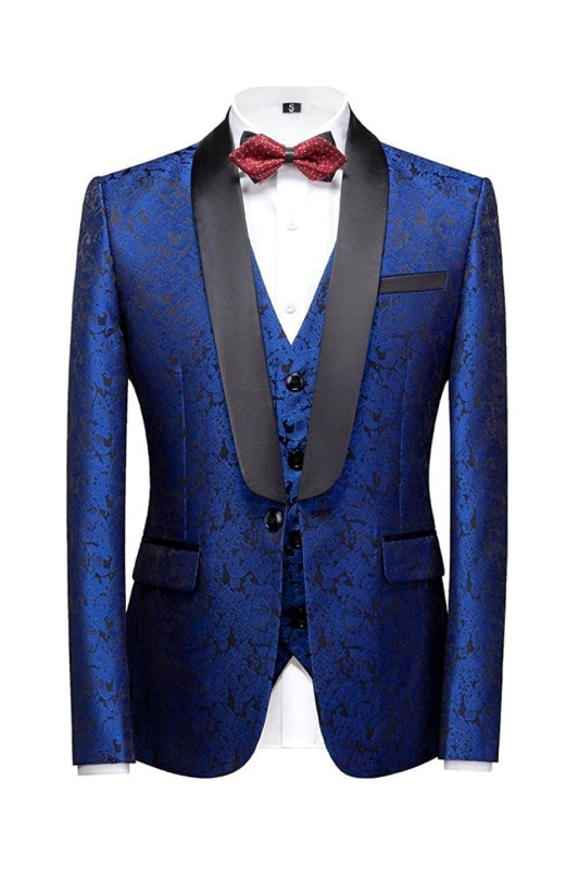 Gary Royal Blue Three-Piece Jacquard Wedding Suit for Men