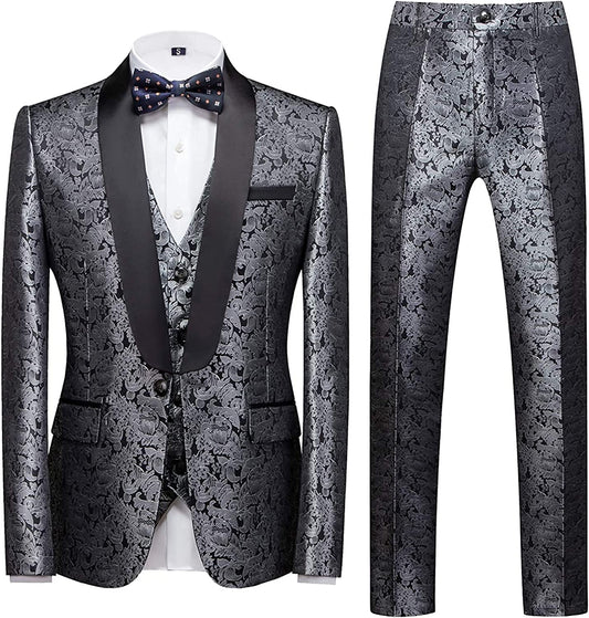 Goddard Silvery Jacquard Three-Piece Wedding Suit for Men