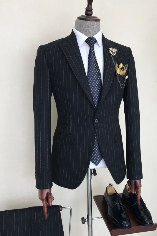 Navy Blue Striped Peaked Lapel Business Suit