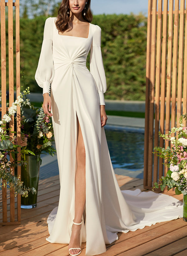 Boho Square Neckline Wedding Dresses With Long Sleeves and Chiffon Court Train