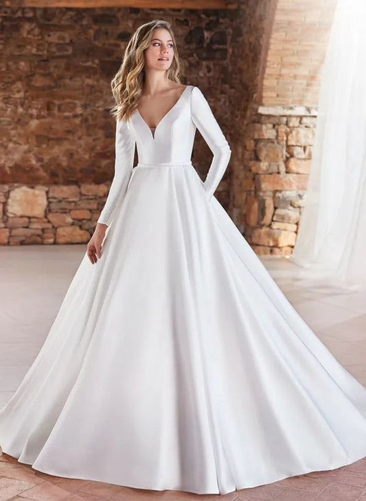 Ball-Gown Long Sleeves Wedding Dresses With Satin Open Back