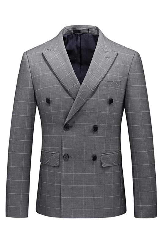 Keniey Deep Gray Double-Breasted Plaid Business Suit for Men