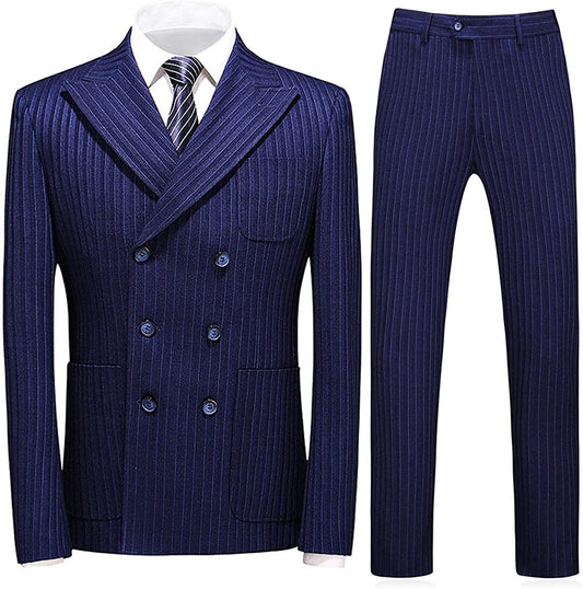 Ethan Blue Striped Double-Breasted Peaked Lapel Business Suit