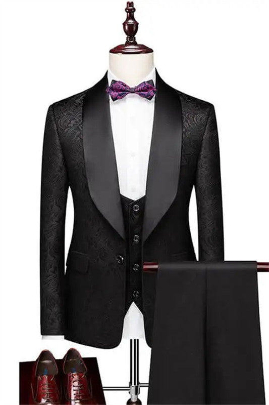 Alfred Formal Black Shawl Lapel 3-Piece Wedding Suit