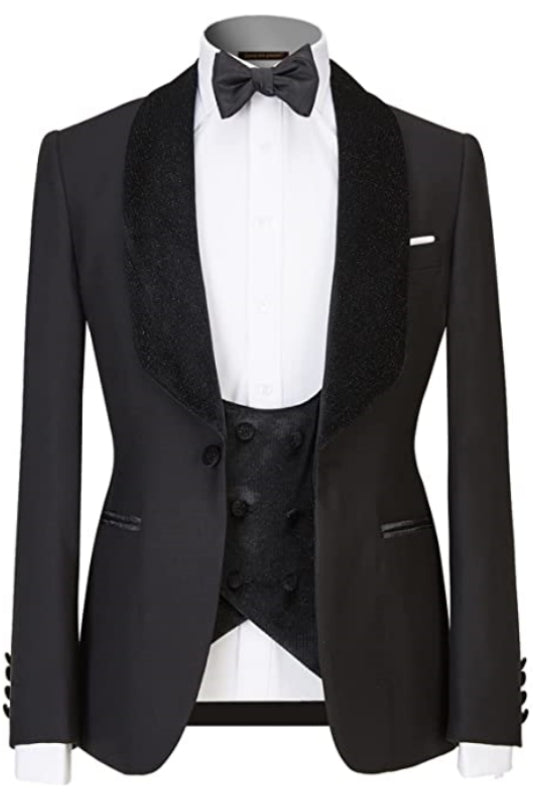 Armstrong Black Shawl Lapel Three-Piece Wedding Suit for Men