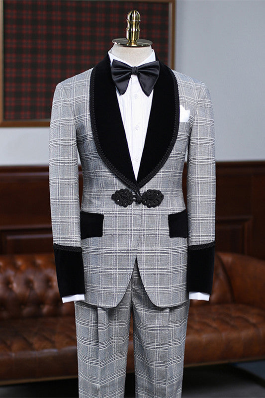 Abbott Gray Plaid Shawl Lapel Wedding Suit for Men