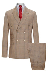 Archer Khaki Double-Breasted Plaid Business Suit - Newest