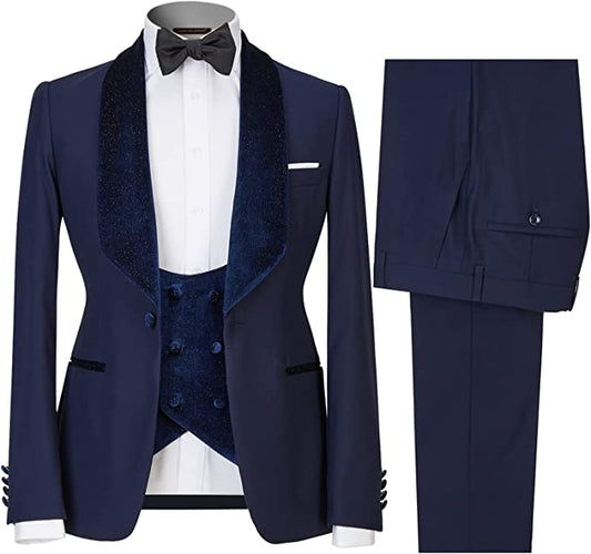 Arno Navy Blue Close-Fitting Three-Piece Wedding Suit for Men