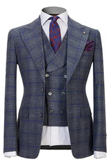 Arvin Gray Plaid Three-Piece Peaked Lapel Business Suit for Men