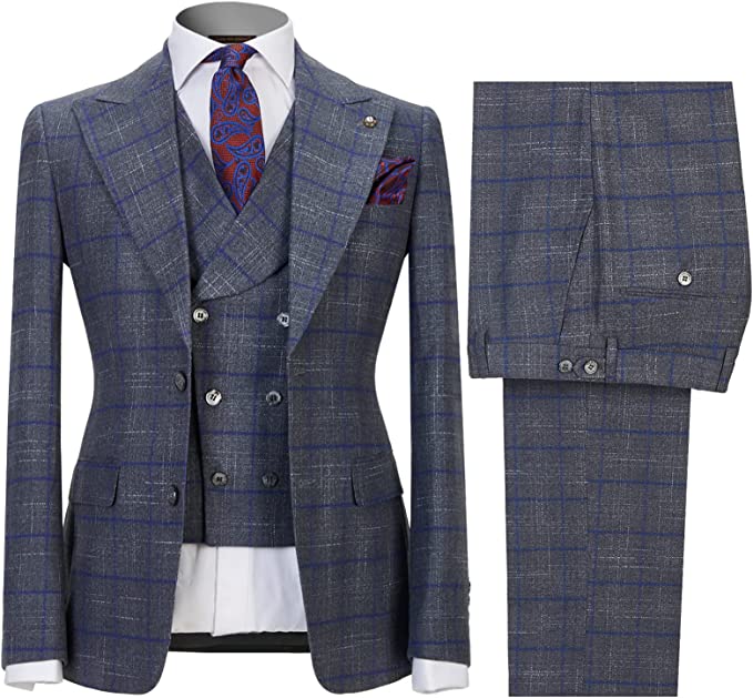 Arvin Gray Plaid Three-Piece Peaked Lapel Business Suit for Men