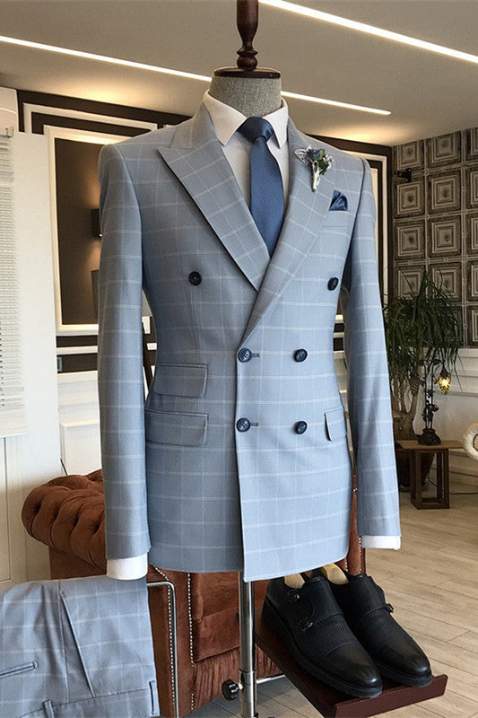 Blue Peaked Lapel Plaid Business Suit