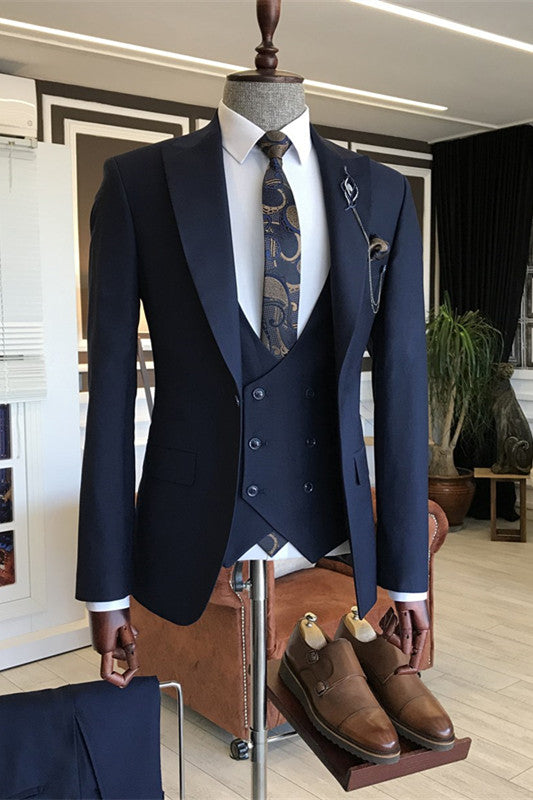 Bertram Formal Navy Blue Peaked Lapel 3-Piece Business Suit